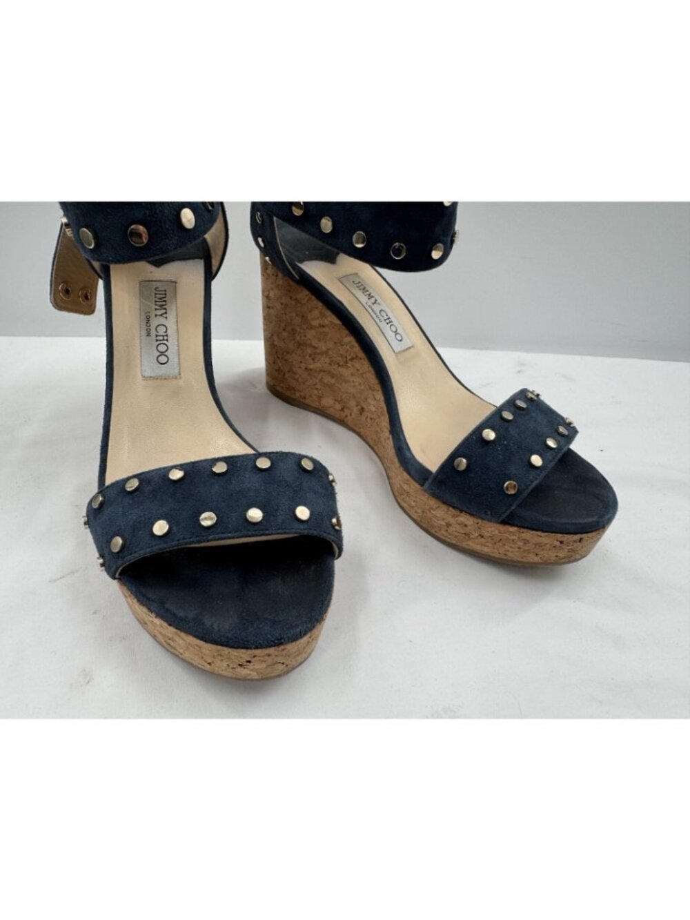 JIMMY CHOO Dark Navy Suede Studded Cork Nelly Wedge Sandals Heels Shoes Sz 41.5 - Picture 16 of 16